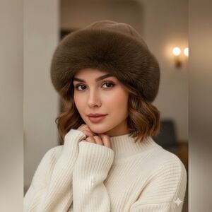 Brown Boho Cottage Grandma Fur Fluffy Mongolian Bucket Fashion Hat New